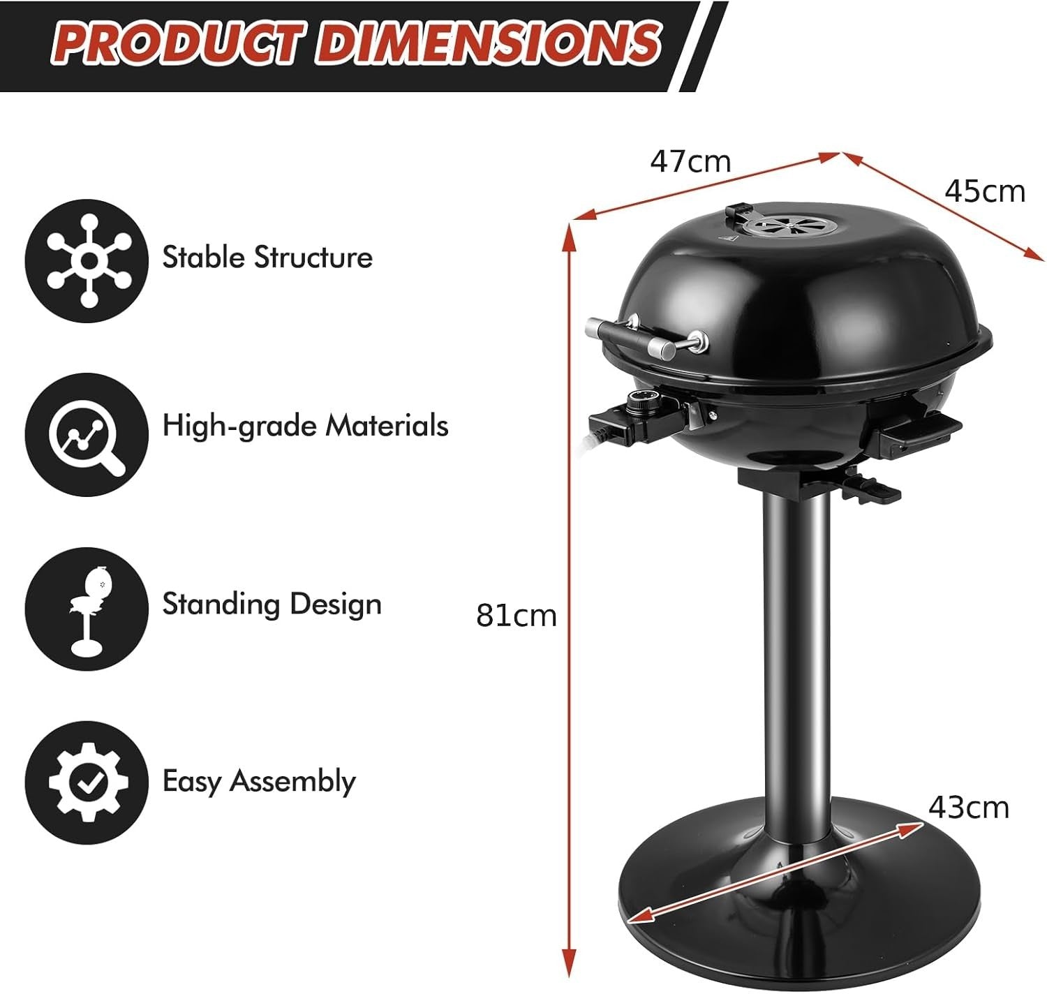 1600W Electric BBQ Grill with Stand | Non-Stick Rack, Adjustable Temp