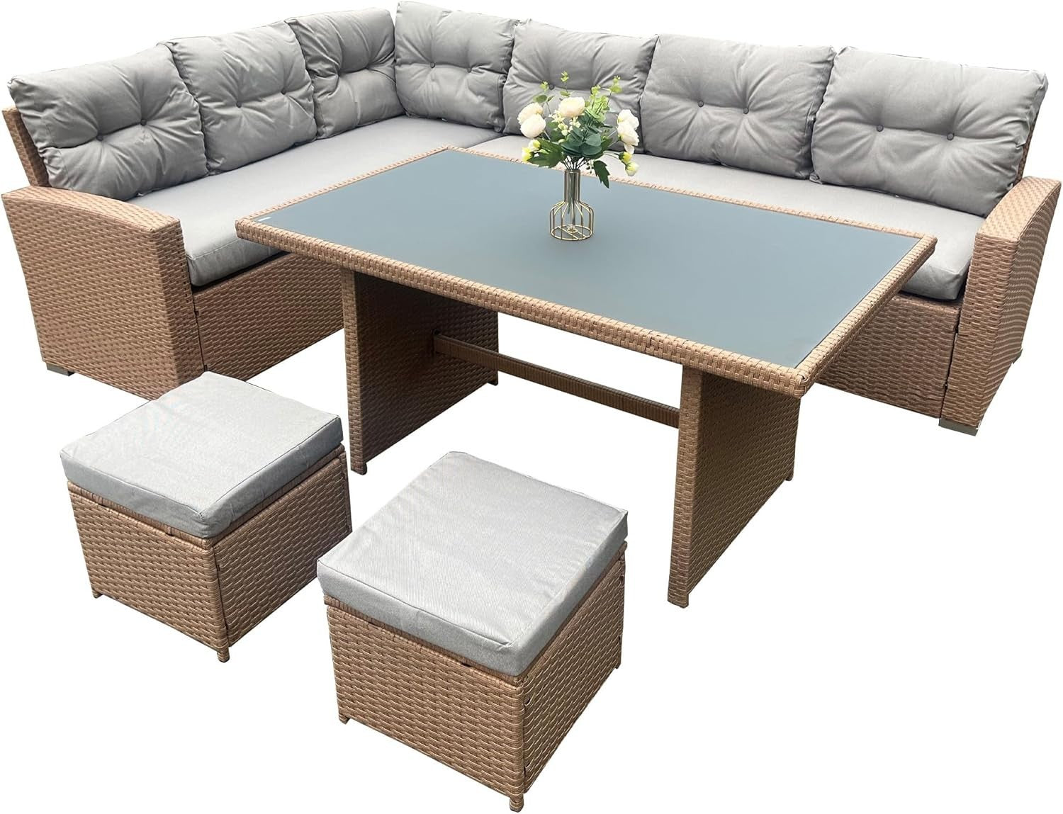 7 Seat Rattan Corner Sofa Dining Set w/ Cushions, Table & Footstools Outdoor
