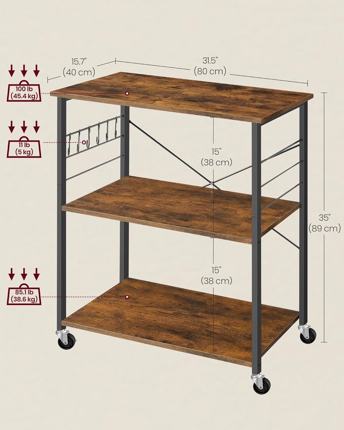 Kitchen Trolley on Wheels 3 Tier Microwave Shelf Rustic Rolling Storage Cart