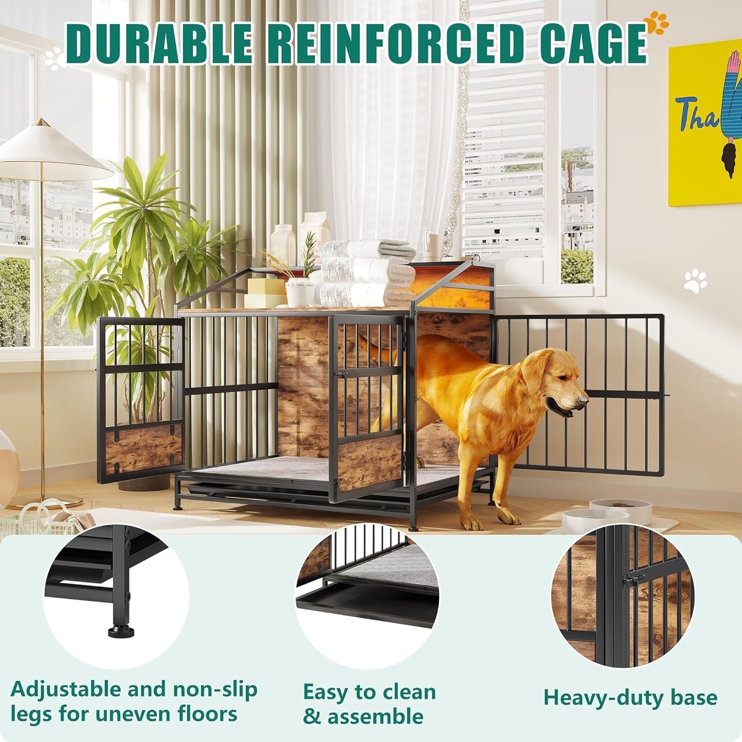 Heavy Duty Dog Crate Furniture with LED Light & Removable Tray, Medium