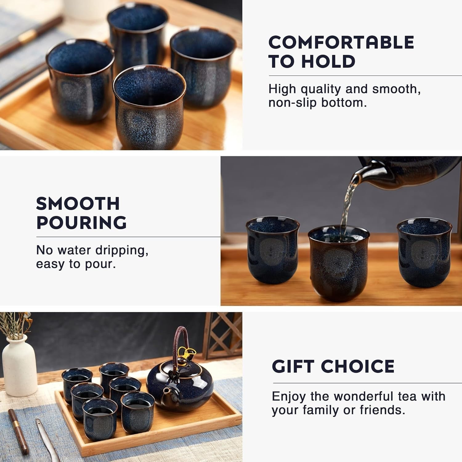 Japanese Tea Set Porcelain Teapot 6 Cups Bamboo Tray Dark Blue
