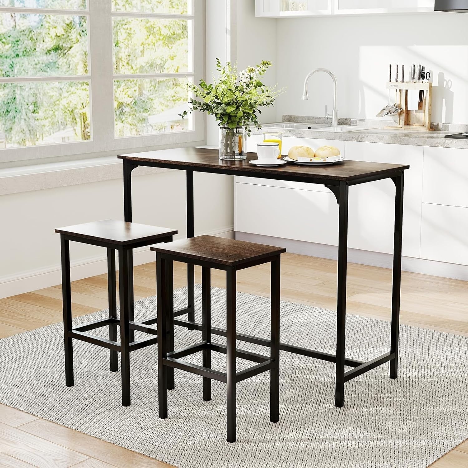 3 Piece Bar Table Set with Stools Space Saving Counter Height Dining Gray Black