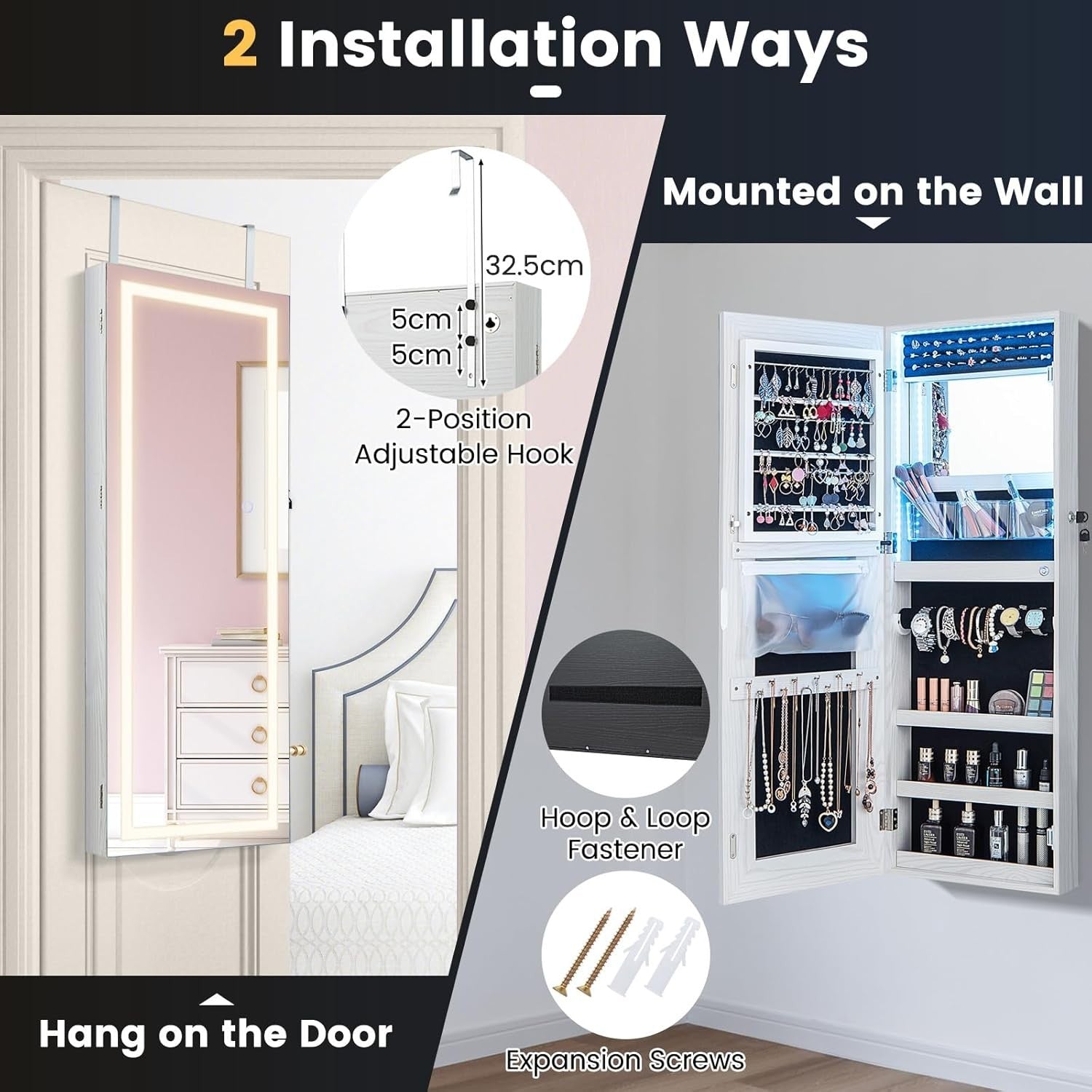 White LED Wall Mounted Jewelry Cabinet Mirror Lockable 3-Color Light