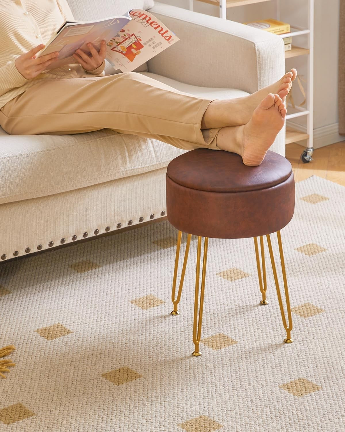 Dark Brown Faux Leather Round Storage Footstool – Vanity Stool with Gold Legs