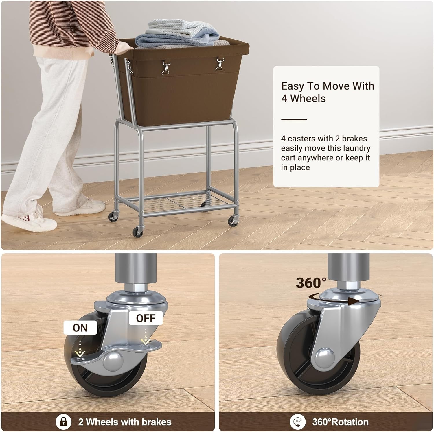 Rolling Laundry Cart with Wheels Removable Bag & Shelf Metal Frame Laundry