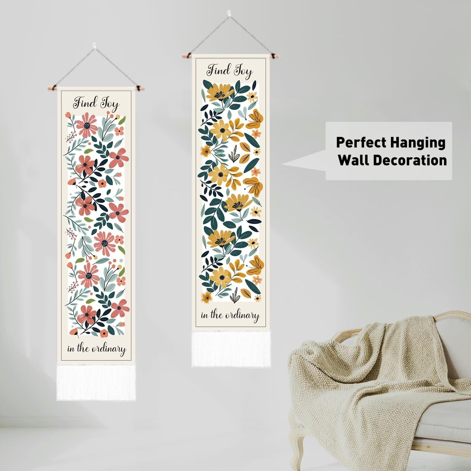 2-Pack Boho Pink & Yellow Floral Tapestry 52"x13" Vertical Decor