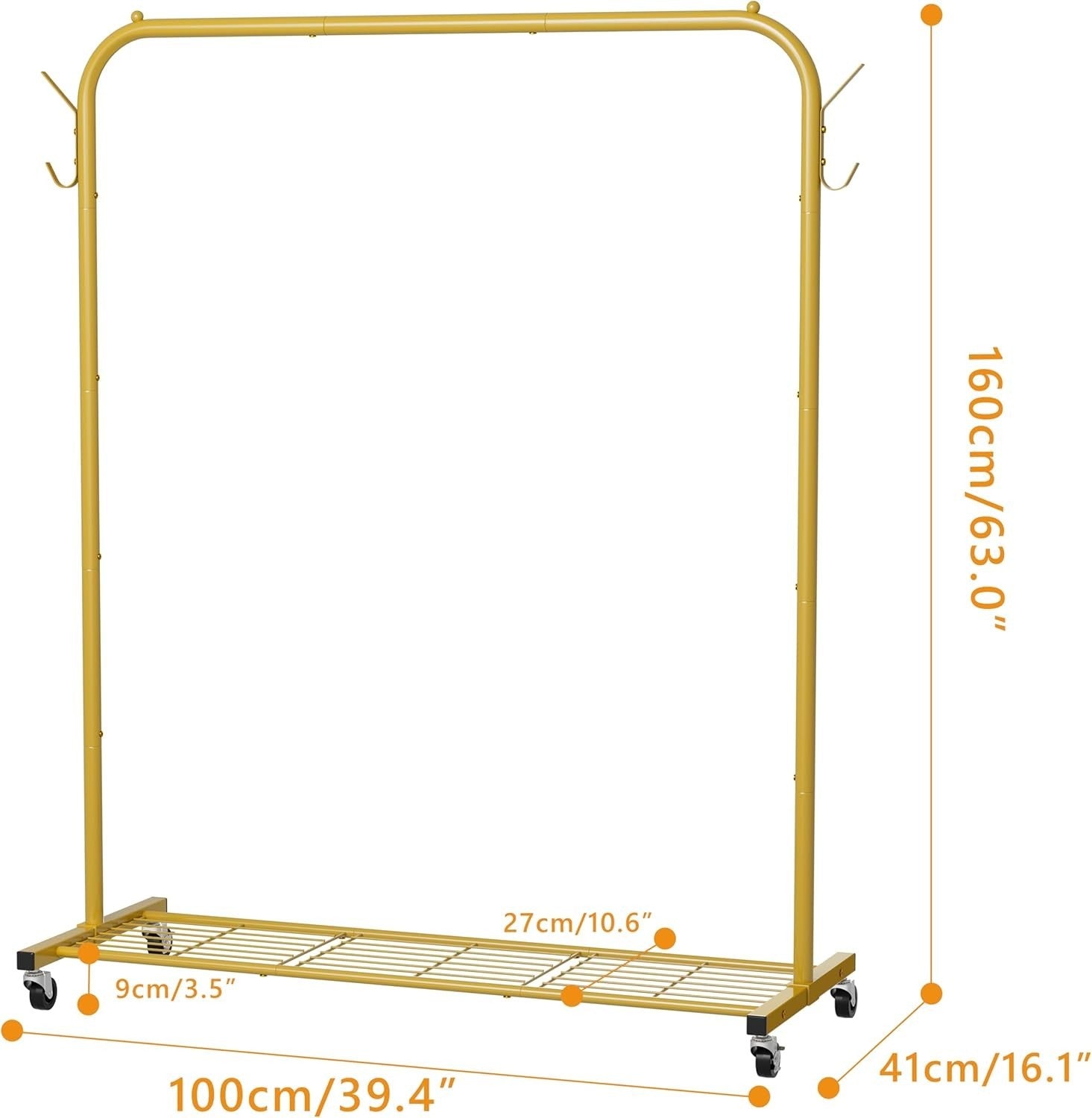 Portable Gold Clothes Rail 40KG Rack With Wheels Shelf & Hooks