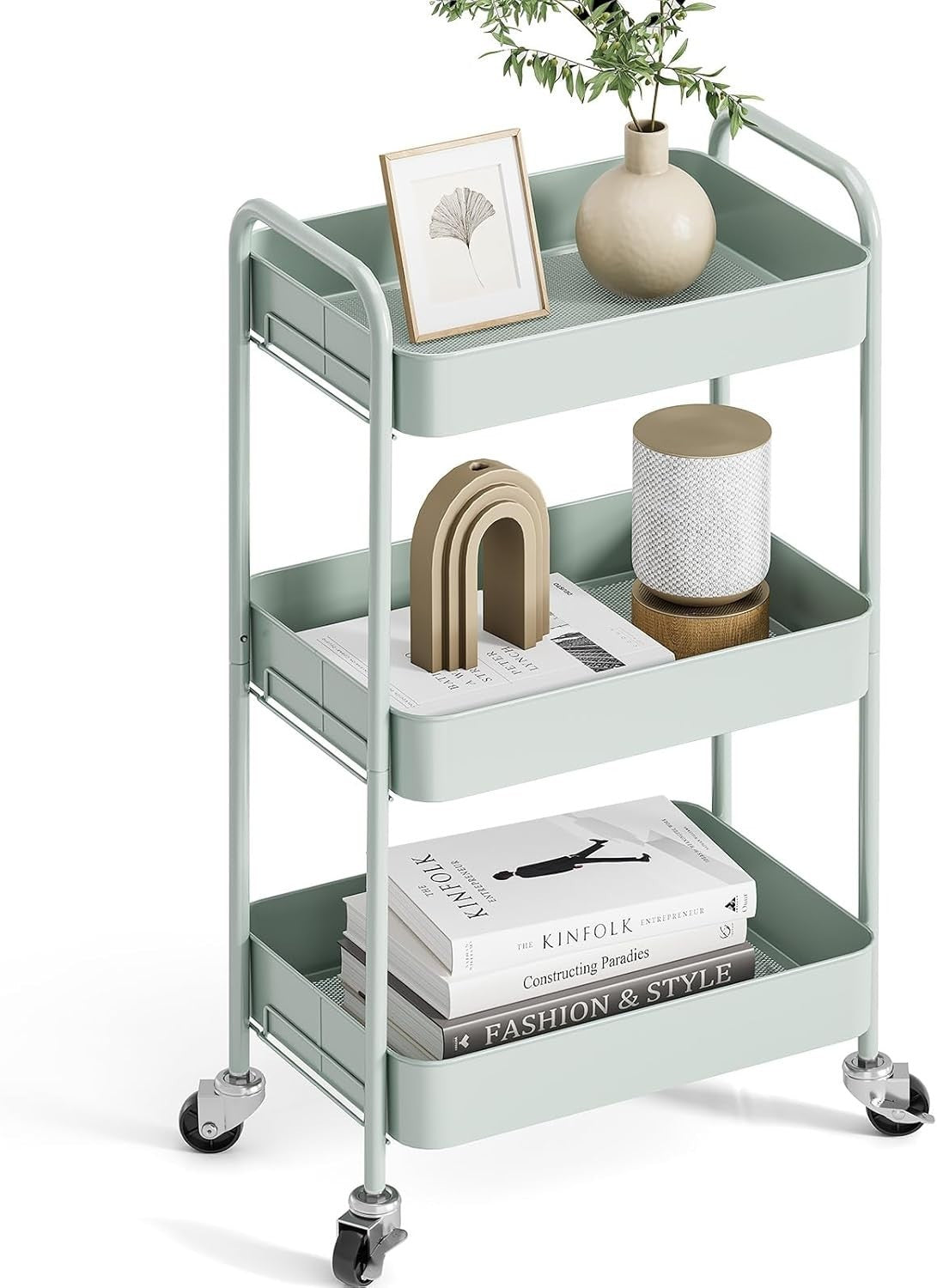 3 Tier Metal Rolling Utility Cart Kitchen Storage Trolley Wheels Green