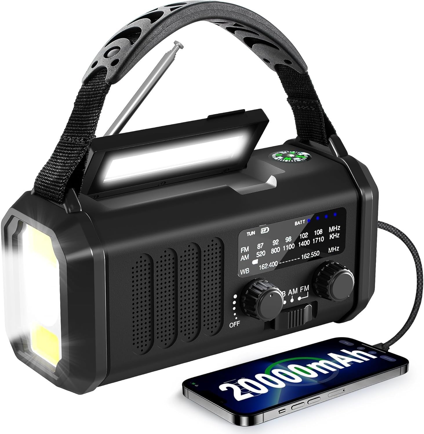 NOAA Emergency Radio 20000mAh Solar, Hand Crank, AM/FM, Torch & SOS