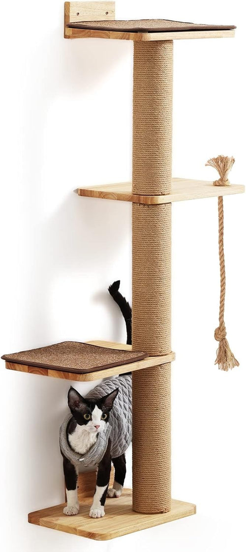 Wall Mounted Cat Scratching Tree 125cm Jute Post Platform Natural Wood