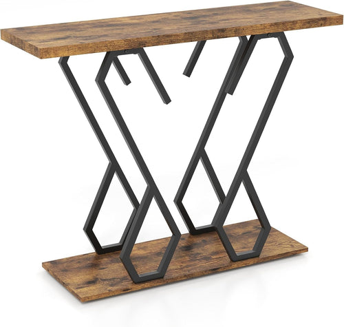 Slim Rustic Console Table Narrow Hallway Desk 100cm Metal Frame Modern