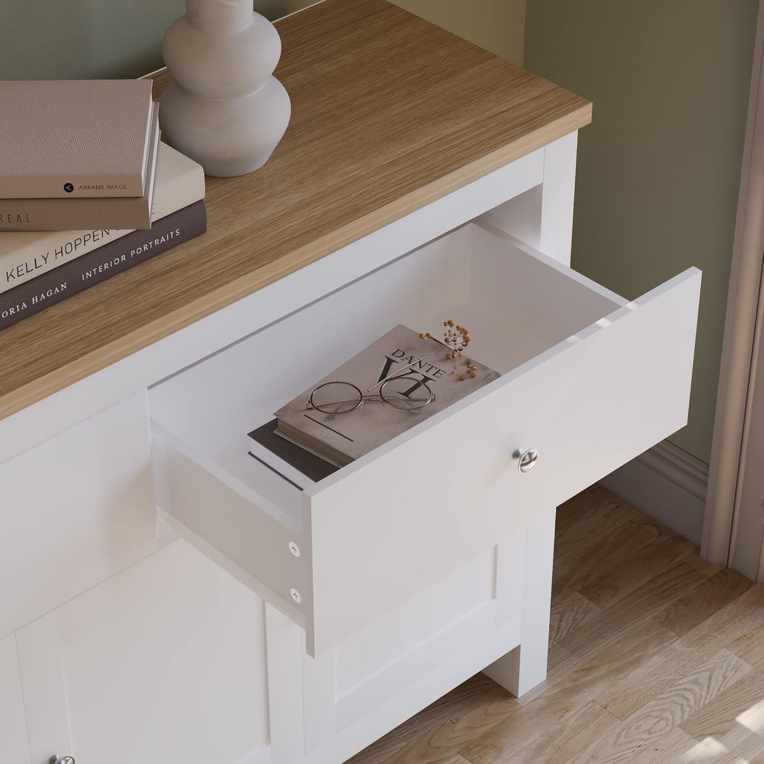White & Oak Sideboard Cabinet with Drawers Storage Buffet Cupboard 3 Door