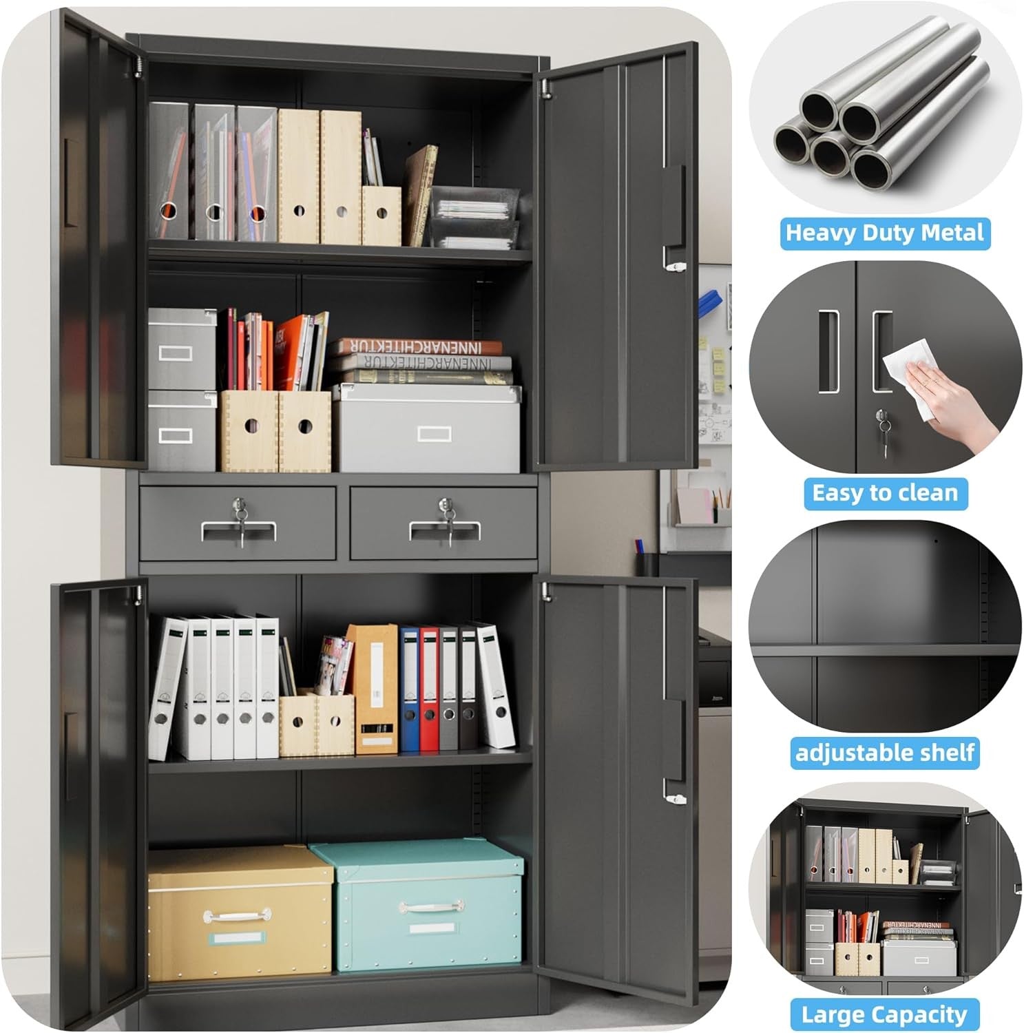 Metal Storage Cabinet 4 Doors 2 Drawers Lockable Steel Cupboard Office Home 180