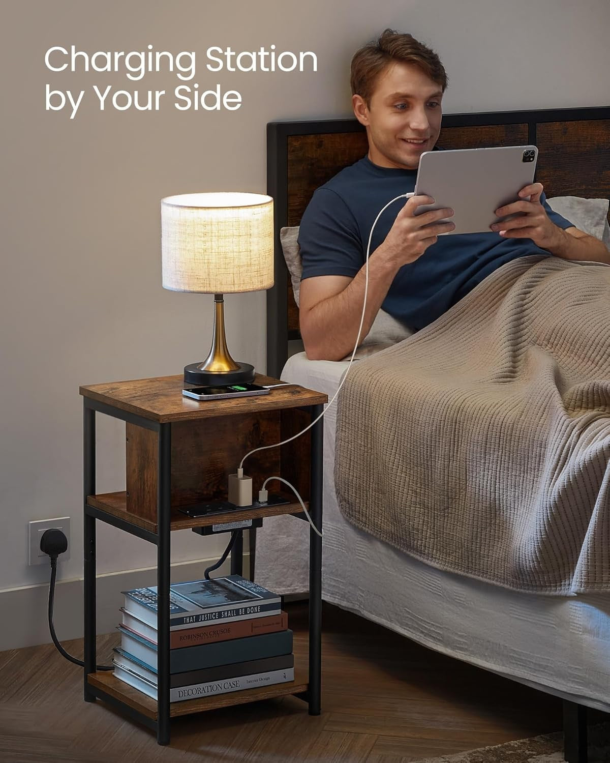 Slim Side Table with USB Charging Ports, 3 Tiers, 30x34x58cm, Rustic