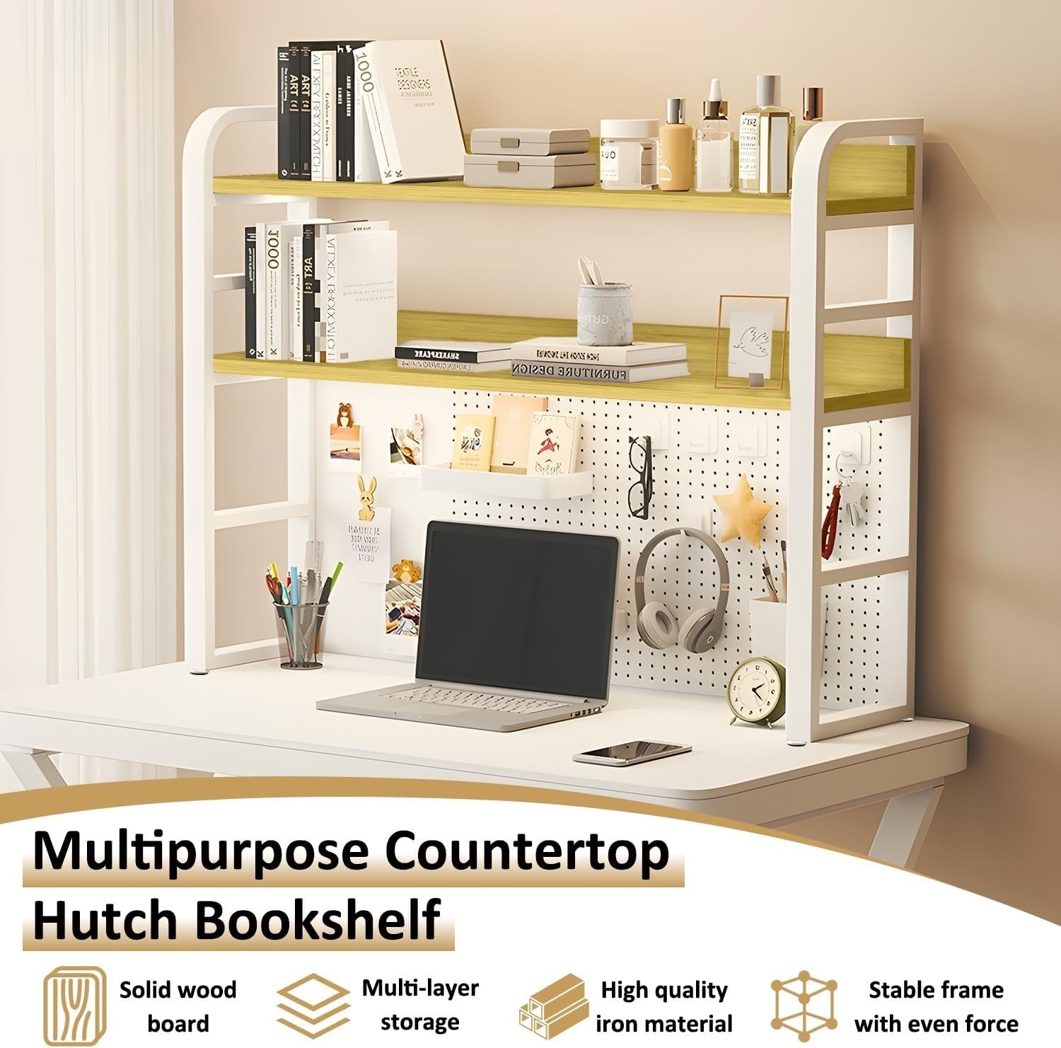37.4" Desktop Hutch Bookshelf w/ Pegboard 2-Tier Desk Organizer Storage White