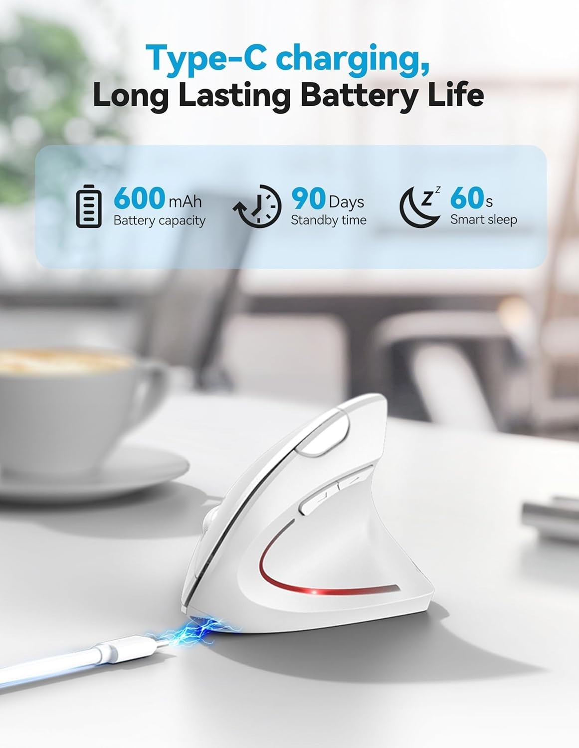White Vertical Ergonomic Mouse Bluetooth Rechargeable 4800 DPI