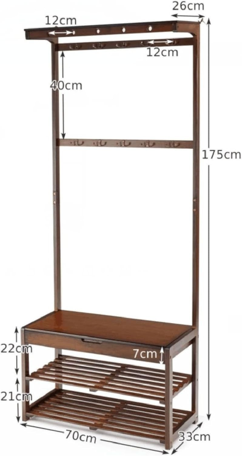 3-in-1 Bamboo Coat Rack Stand with Shoe Storage & Hooks for Entryway
