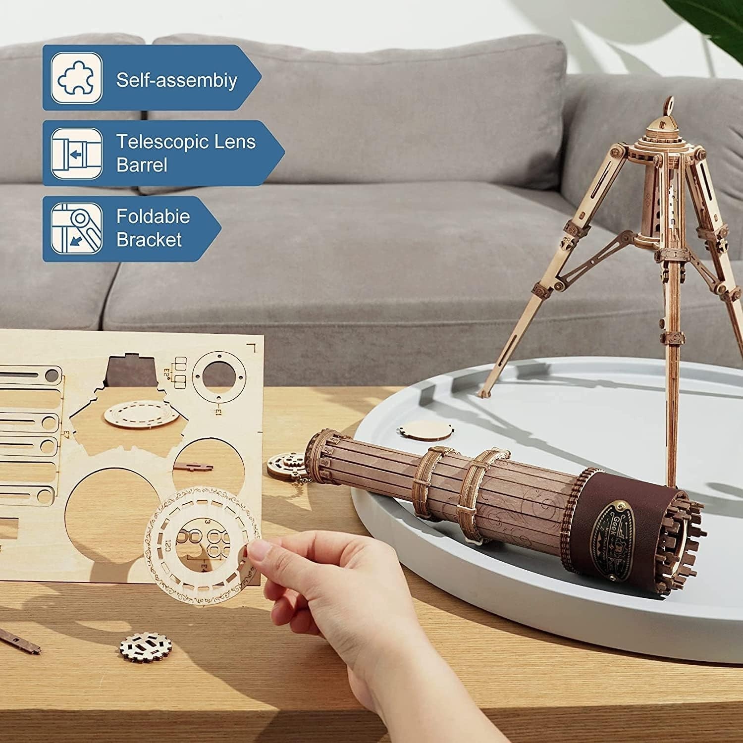 Wooden Telescope 3D Puzzle Kit DIY Model Toy for Adults Teens Gift Decor
