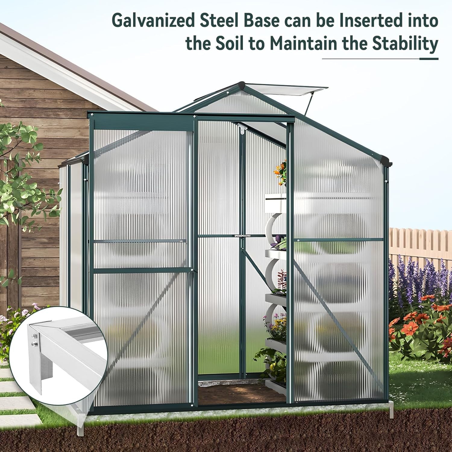 4x6FT Polycarbonate Walk-In Greenhouse with Base – Heavy Duty Aluminium Frame