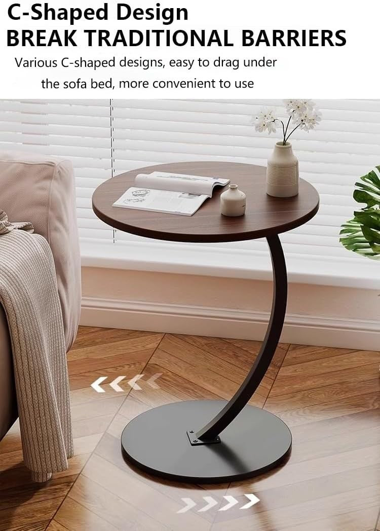 Slim Rustic Brown C-Shaped Side Table with Magazine Rack, Space-Saving
