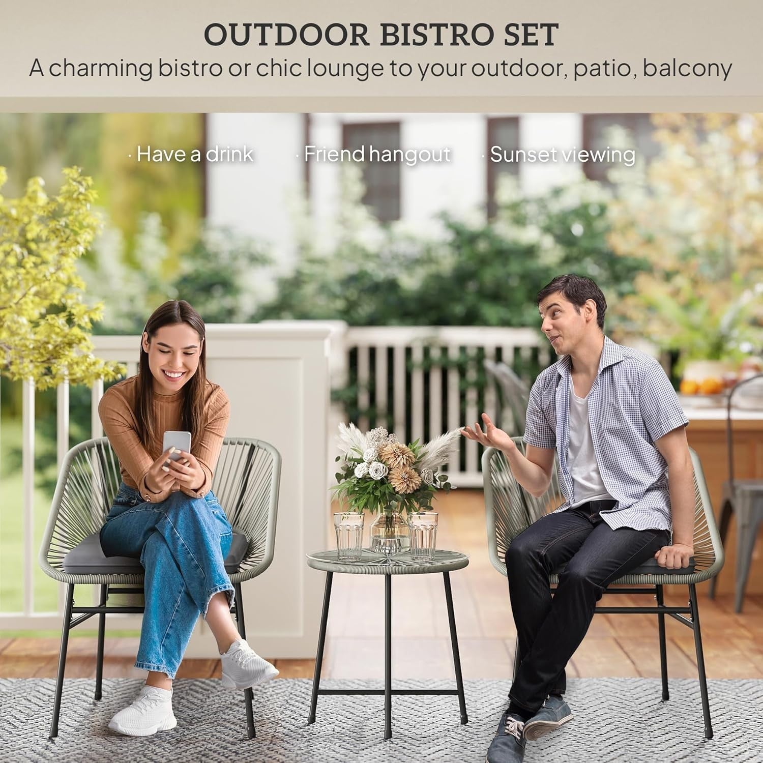 Light Grey Rattan Bistro Set 3PC Cushioned Chairs Round Table Balcony Patio