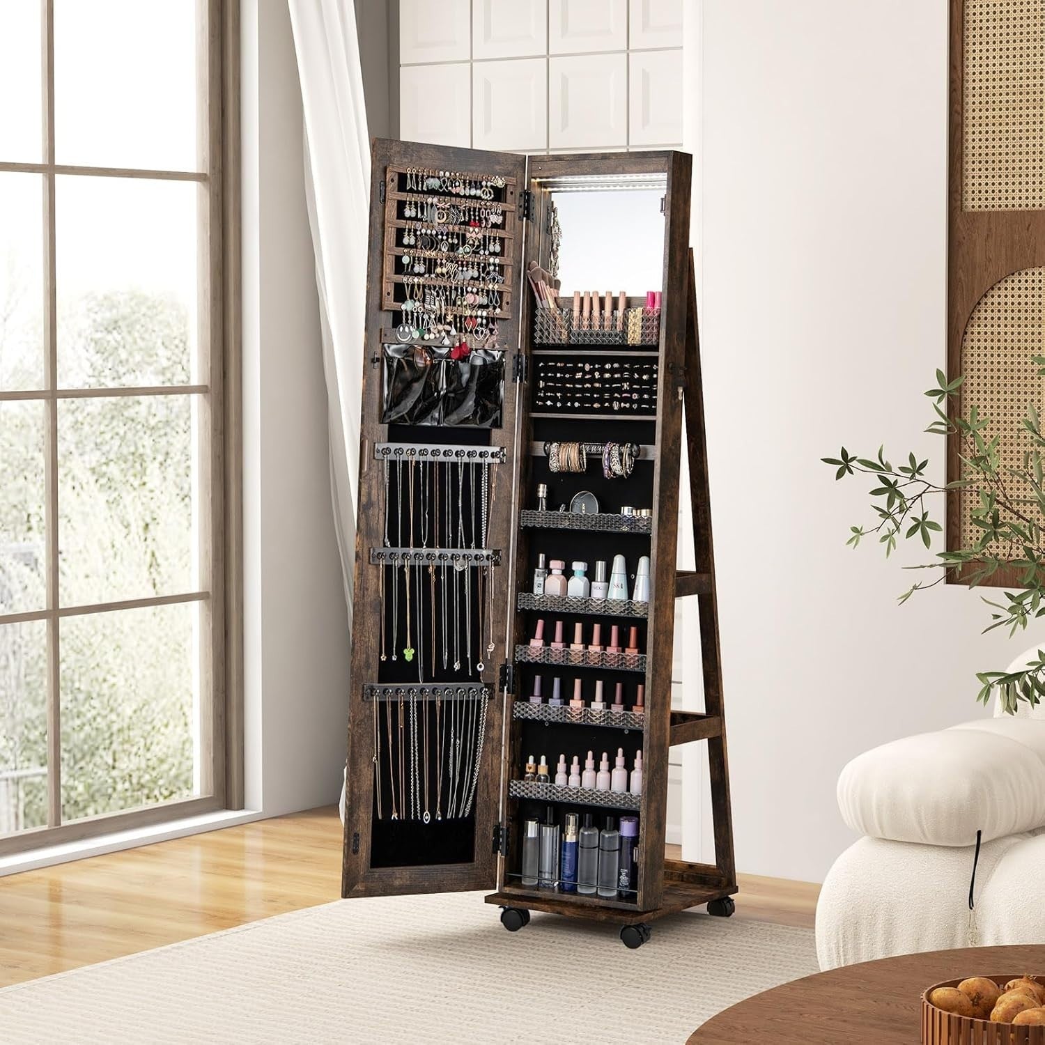Coffee LED Jewelry Cabinet Mirror Lockable Rolling Storage Organizer