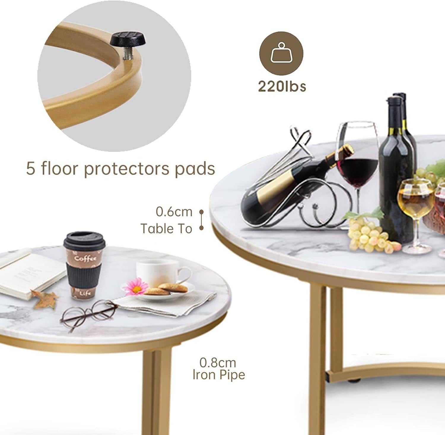 Nesting Coffee Tables Set 2 Round Marble Gold Metal Living Room Side End Table