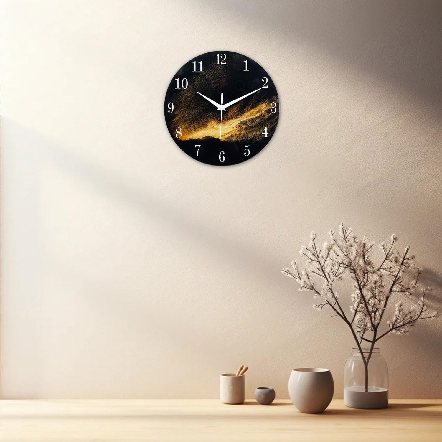 Large 16" Black Gold Glass Wall Clock Modern Silent Non-Ticking Home Decor