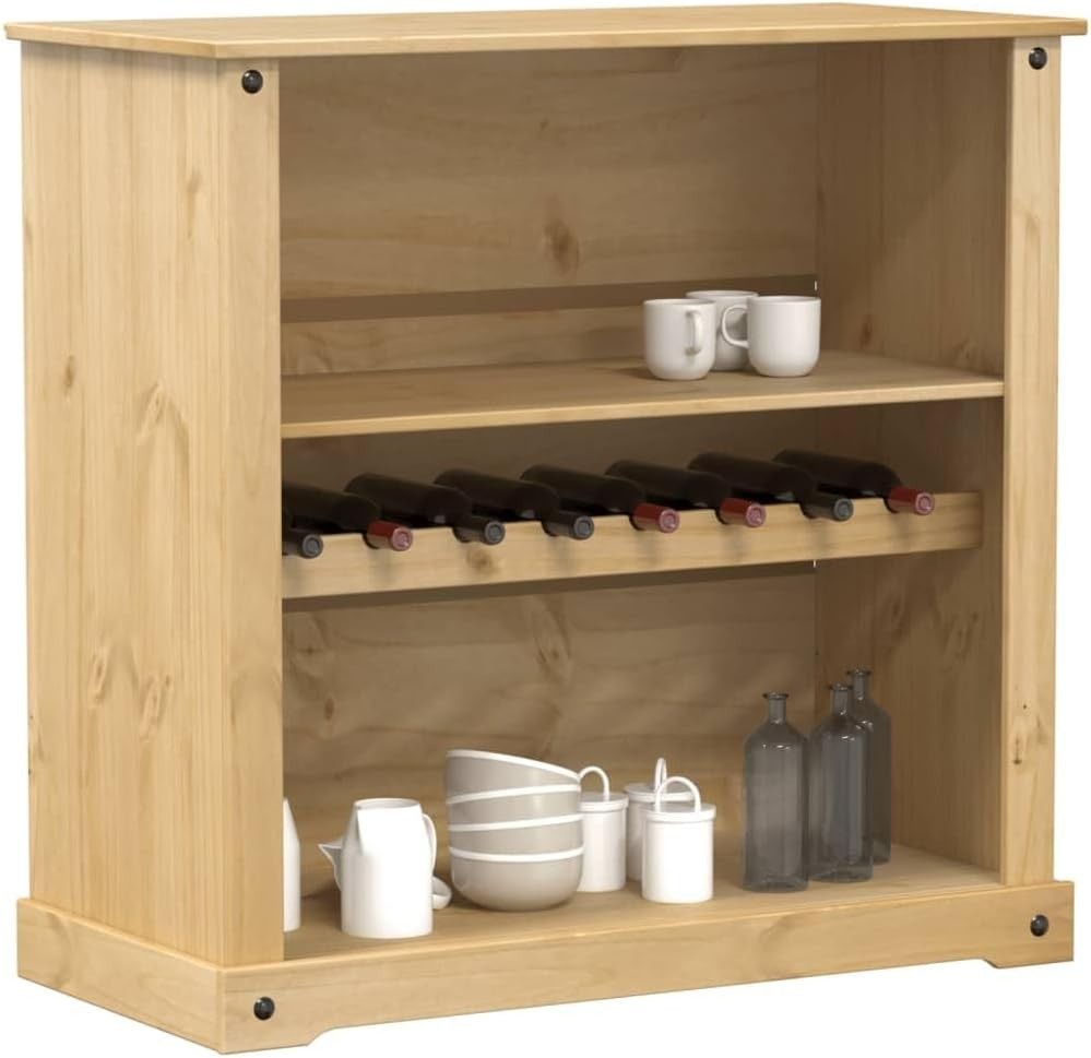 Solid Pine Wine Cabinet Rustic Wood Bar Storage Unit with Bottle & Glass Rack