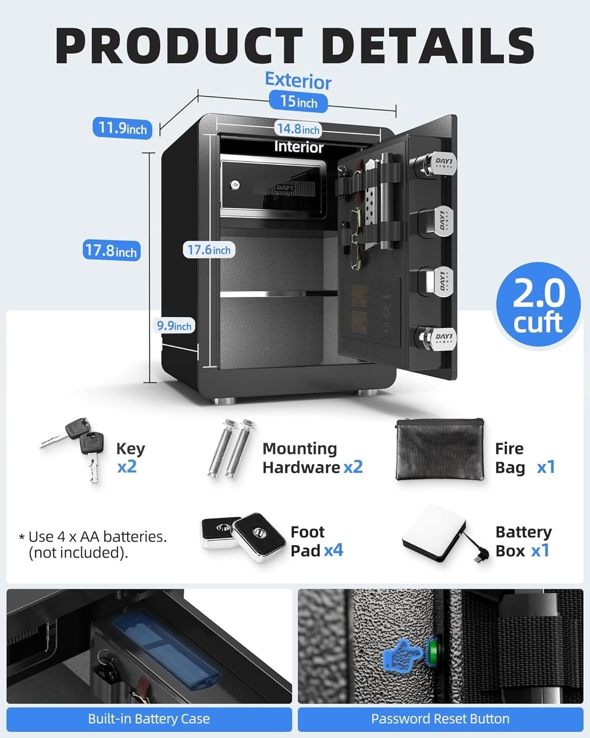 2.0 Cu Ft Biometric Fingerprint Safe Fireproof Security Box Alarm