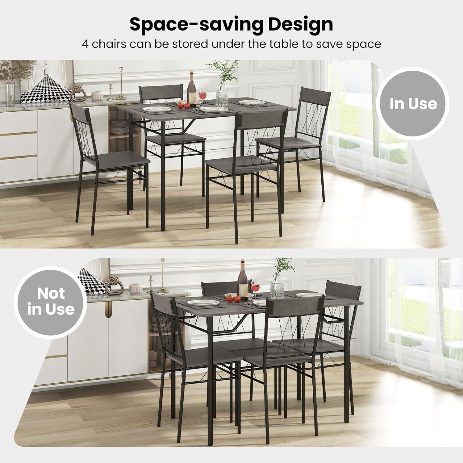 Gray Cement Texture Dining Table Set 4 Chairs | Space-Saving Kitchen Fit