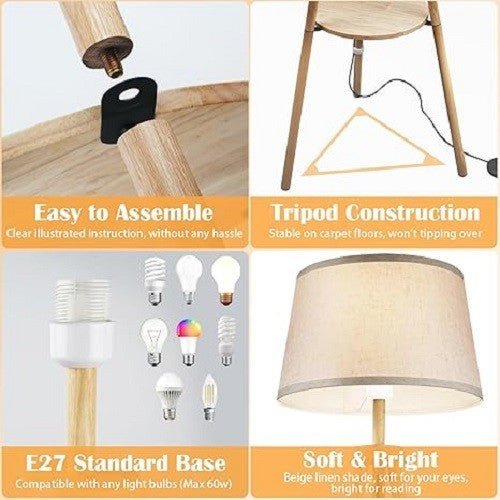Wood Tripod Floor Lamp Dimmable LED with Shelves Remote Control Standing Light