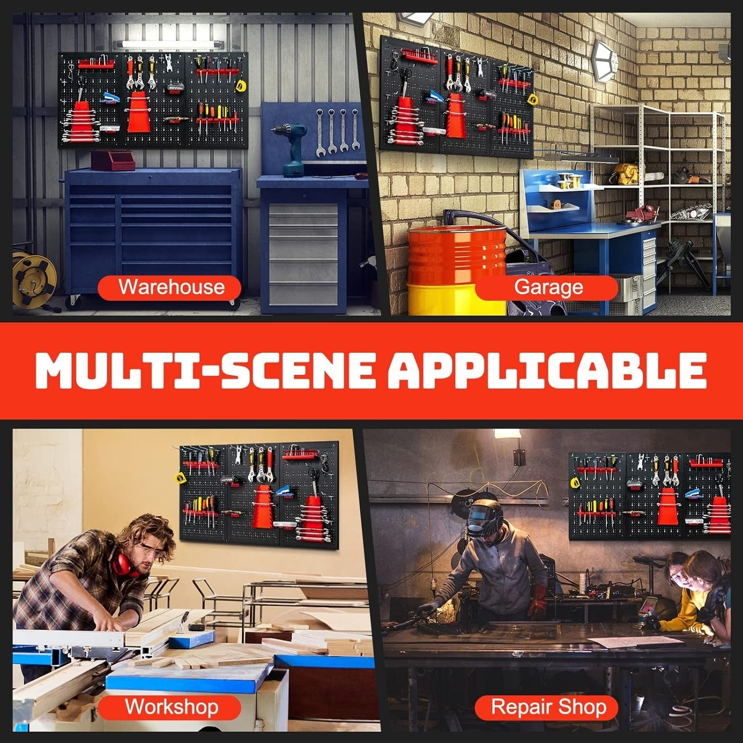 Wall-Mounted Tool Rack Organizer 3 Pegboards + 25 Hooks Black Red