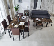 6 Seat Marble Dining Table Set with Faux Leather Chairs in Brown 150cm MDF