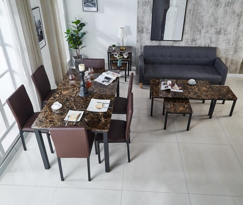 6 Seat Marble Dining Table Set with Faux Leather Chairs in Brown 150cm MDF