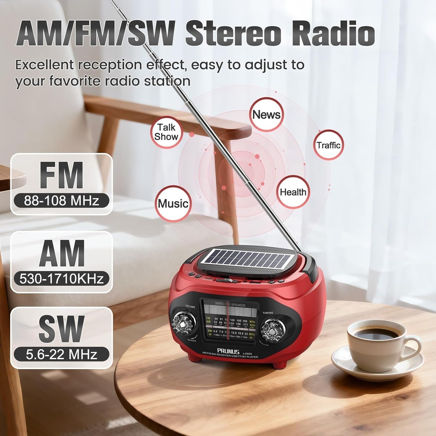 Portable Retro AM/FM/SW Radio Bluetooth 15W Speaker Rechargeable Solar