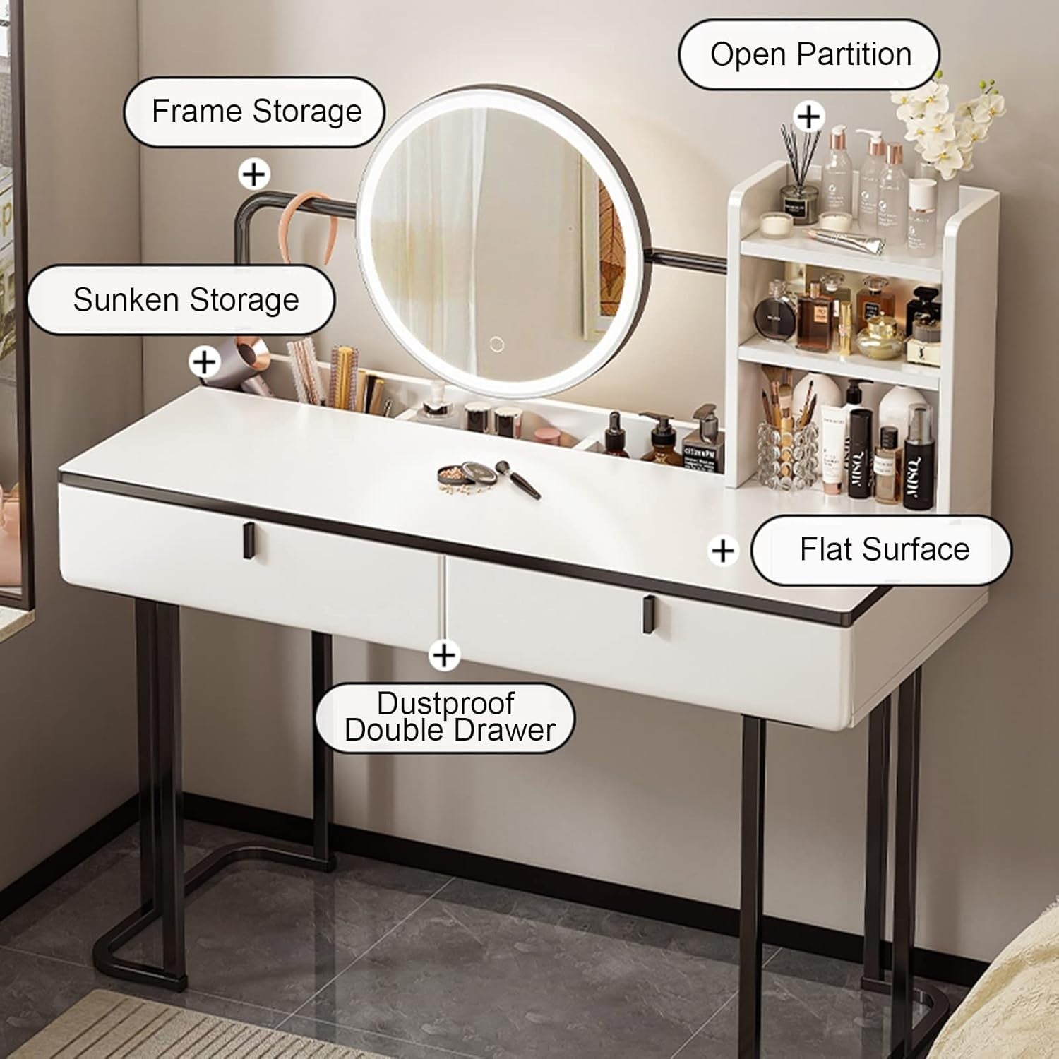 Vanity Makeup Dressing Table Set Stool LED Light Mirror Storage White & Black