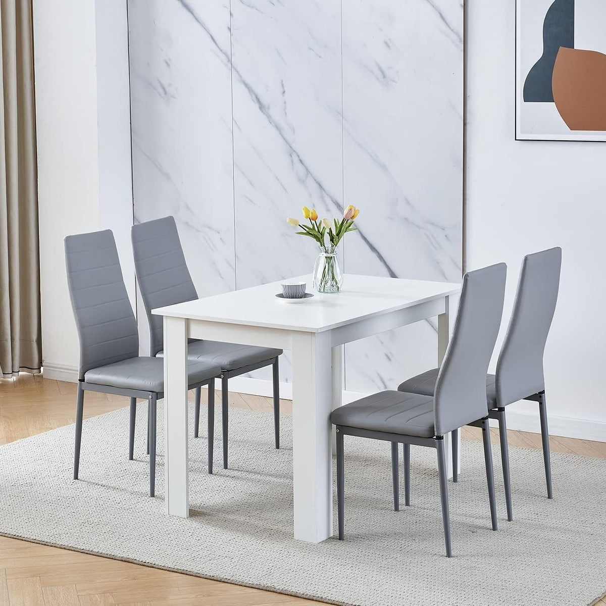 White 4 Seater Dining Table Set 110x70cm | Faux Leather Chairs, Small Space