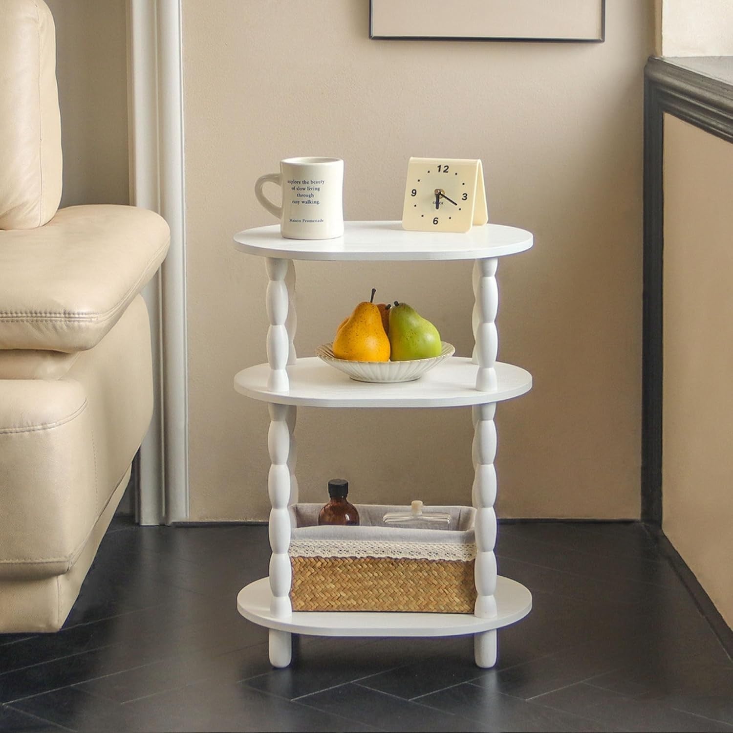 3-Tier Oval Side Table White, Compact Modern End Table with Storage Shelves
