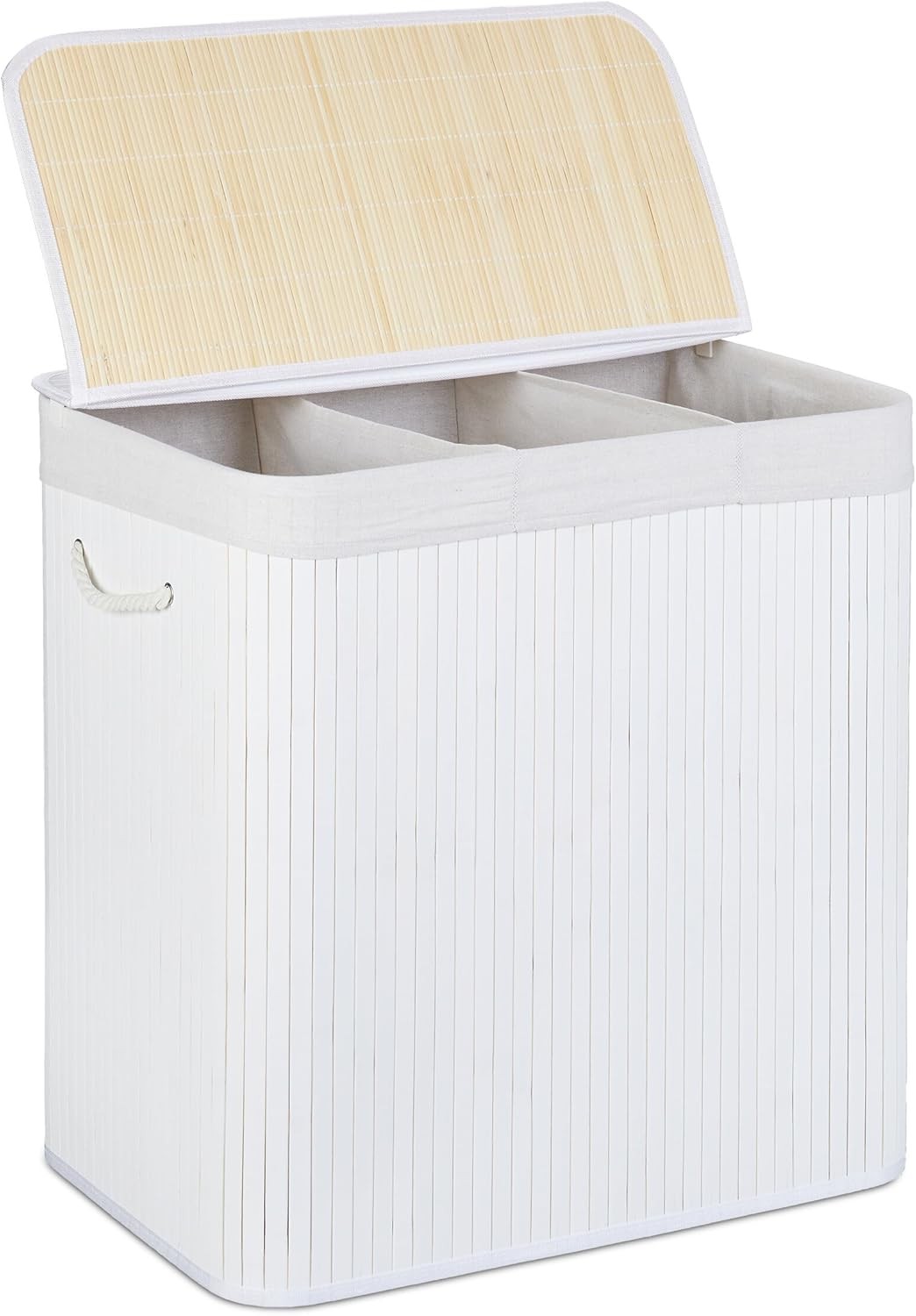 White Bamboo Laundry Basket 3-Compartment Sorter with Lid | Folding 62cm Hamper