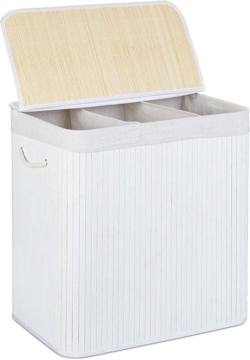 White Bamboo Laundry Basket 3-Compartment Sorter with Lid | Folding 62cm Hamper