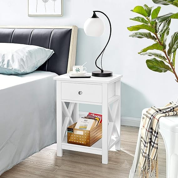 Slim White Bedside Tables Set of 2, Wooden Nightstands with Drawer & Shelf, Tall