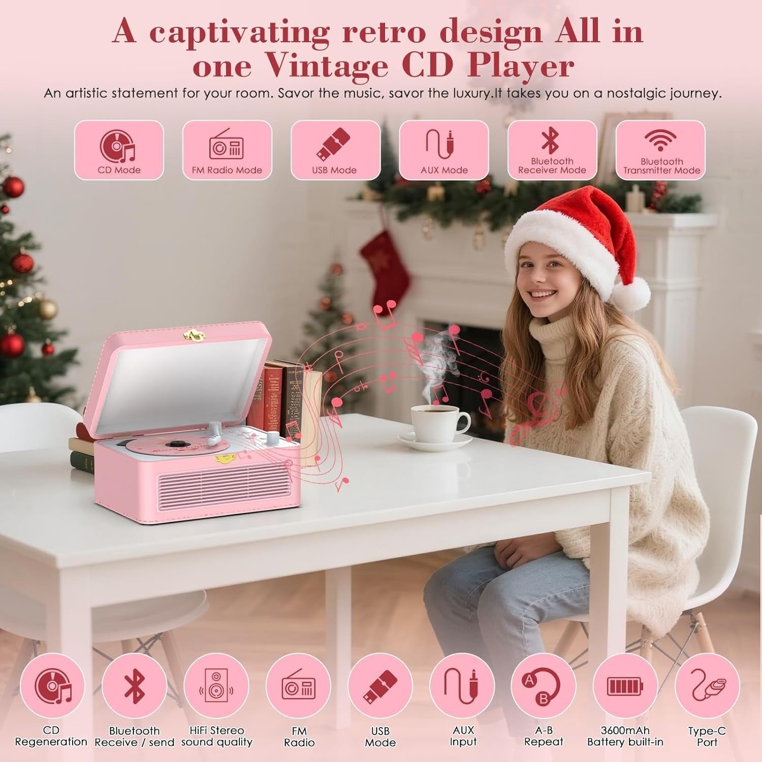 Retro Bluetooth CD Player FM Radio USB AUX HiFi Speakers Pink PU