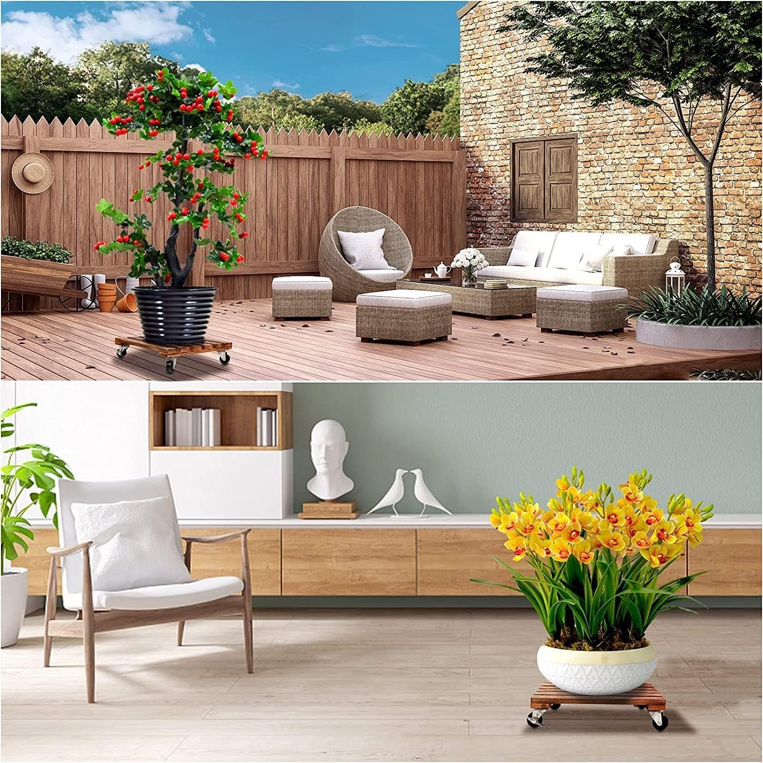 2 Pack Wooden Plant Caddy with Wheels Heavy Duty Rolling Stand 30cm Indoor