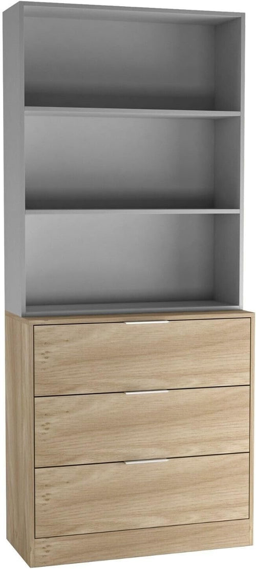 60cm Oak & Grey 3 Drawer Chest with Bookcase – Tall Storage Cabinet Unit