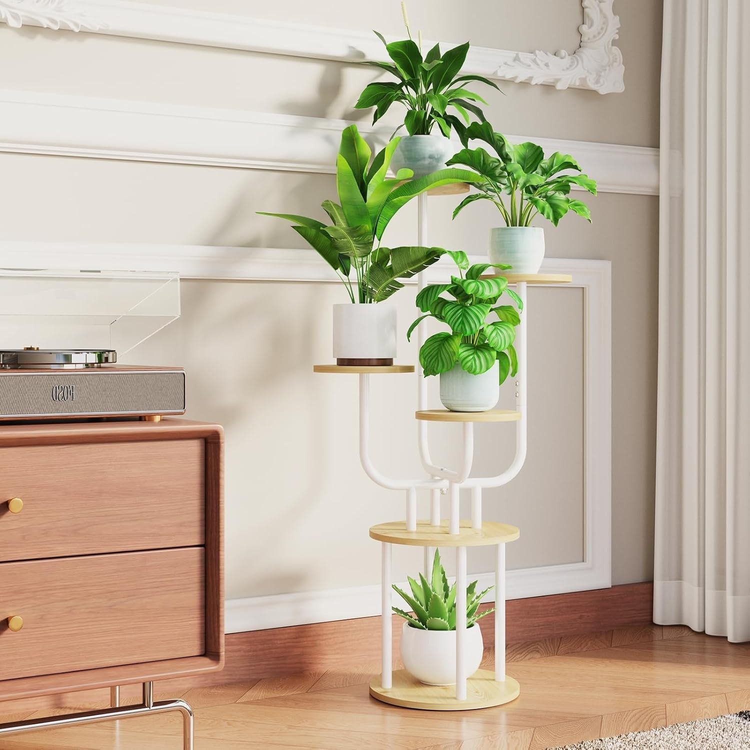 6 Tier Metal Wood Plant Stand White with Grow Light Indoor Corner Shelf Rack