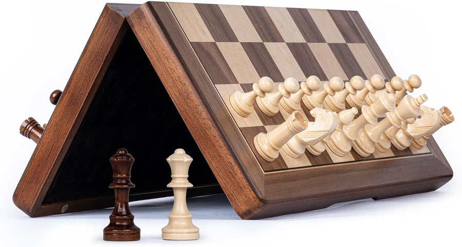 15" Magnetic Wooden Chess Set Foldable Travel Board 3" Pieces + Storage