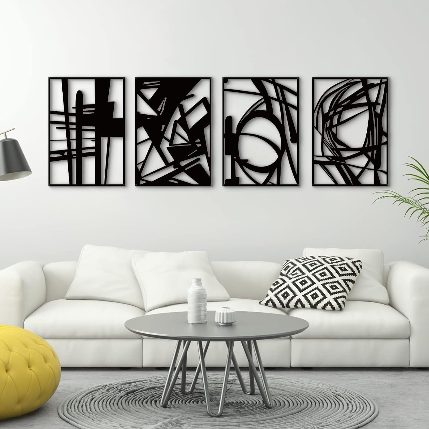 Black Abstract Metal Wall Art 4 Pack 3D Line 16x11in
