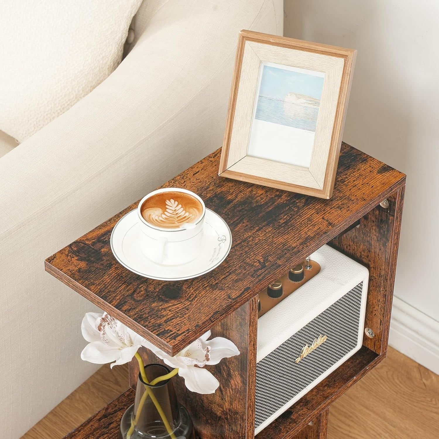 Slim S-Shaped Side Table w/ USB & AC Outlet | Narrow Bedside & End Table