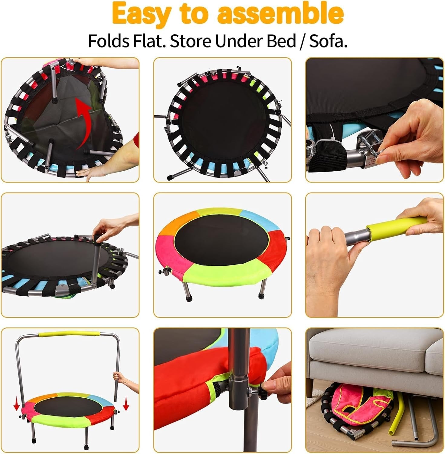 37 Inch Foldable Kids Trampoline Indoor Outdoor Toddler Bounce Handle